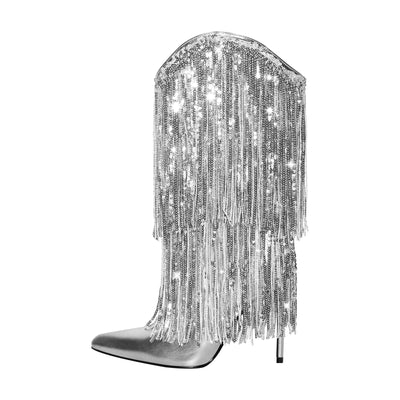 Pointed Toe Stilettos Sequin Fringe Boots