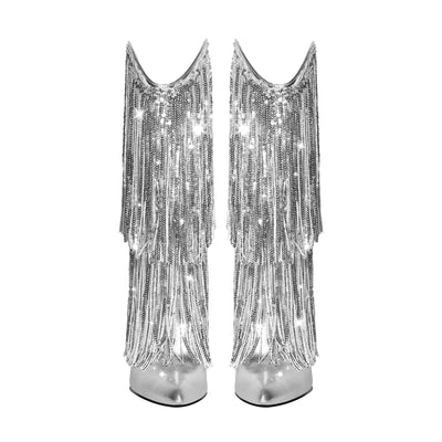 Pointed Toe Stilettos Sequin Fringe Boots