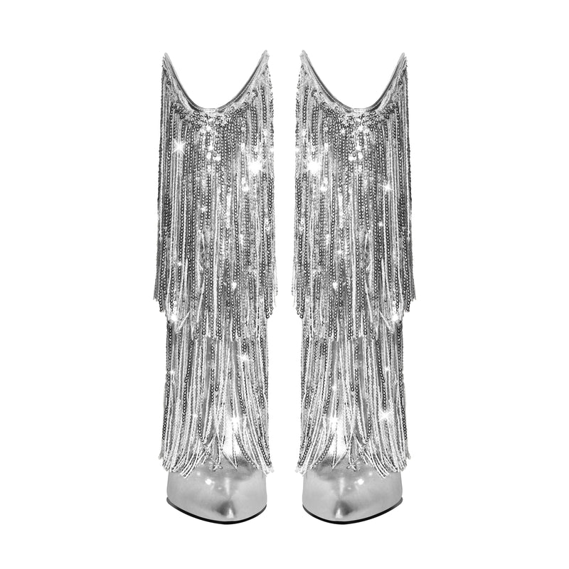 Pointed Toe Stilettos Sequin Fringe Boots