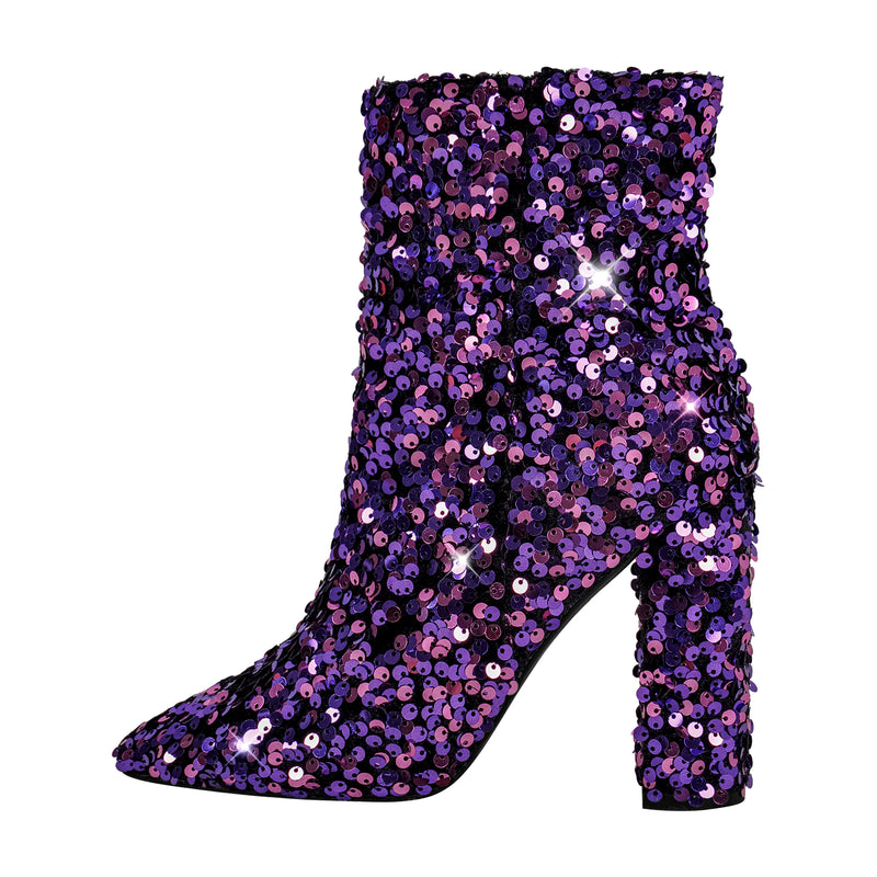 Sequin Pointed Toe Chunky Heel Ankle Boots