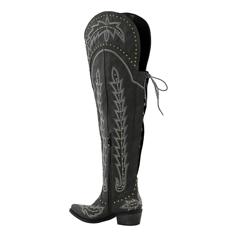 Studded Embroidered Over The Knee Western Boots