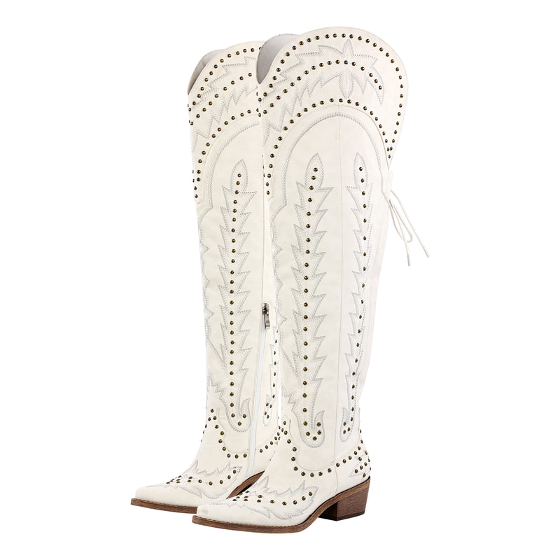 Studded Embroidered Over The Knee Western Boots