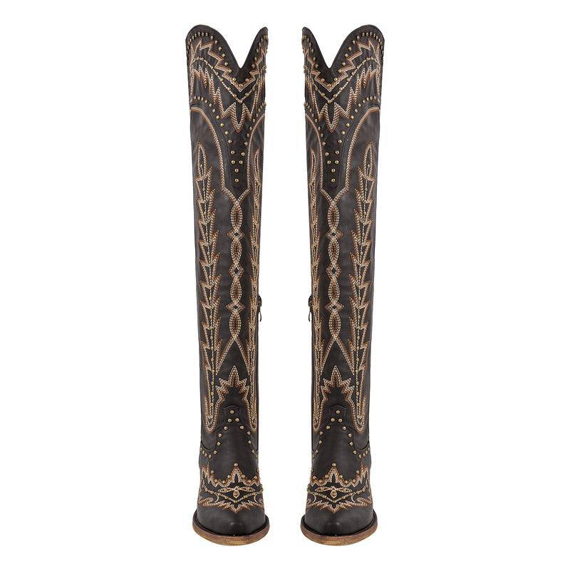 Studded Embroidered Over The Knee Western Boots