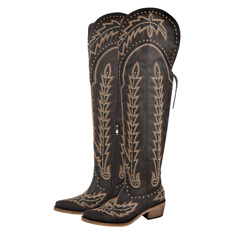 Studded Embroidered Over The Knee Western Boots