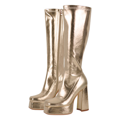 Metallic Leather Platform Chunky Heel Knee High Boots
