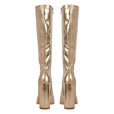 Metallic Leather Platform Chunky Heel Knee High Boots