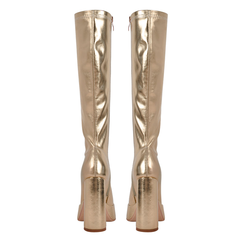 Metallic Leather Platform Chunky Heel Knee High Boots