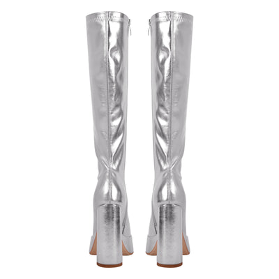 Metallic Leather Platform Chunky Heel Knee High Boots