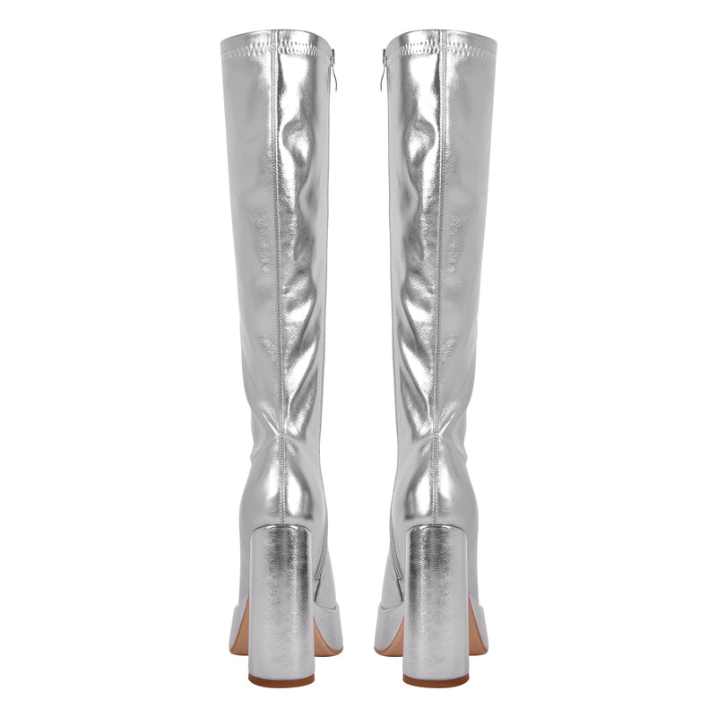 Metallic Leather Platform Chunky Heel Knee High Boots