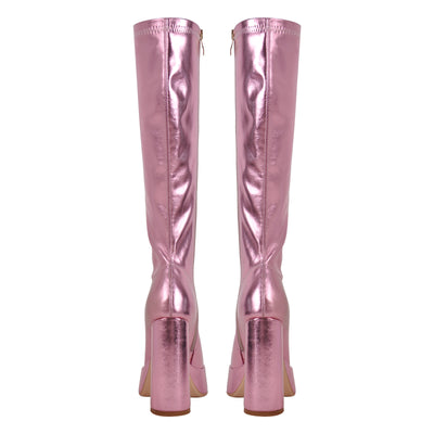 Metallic Leather Platform Chunky Heel Knee High Boots