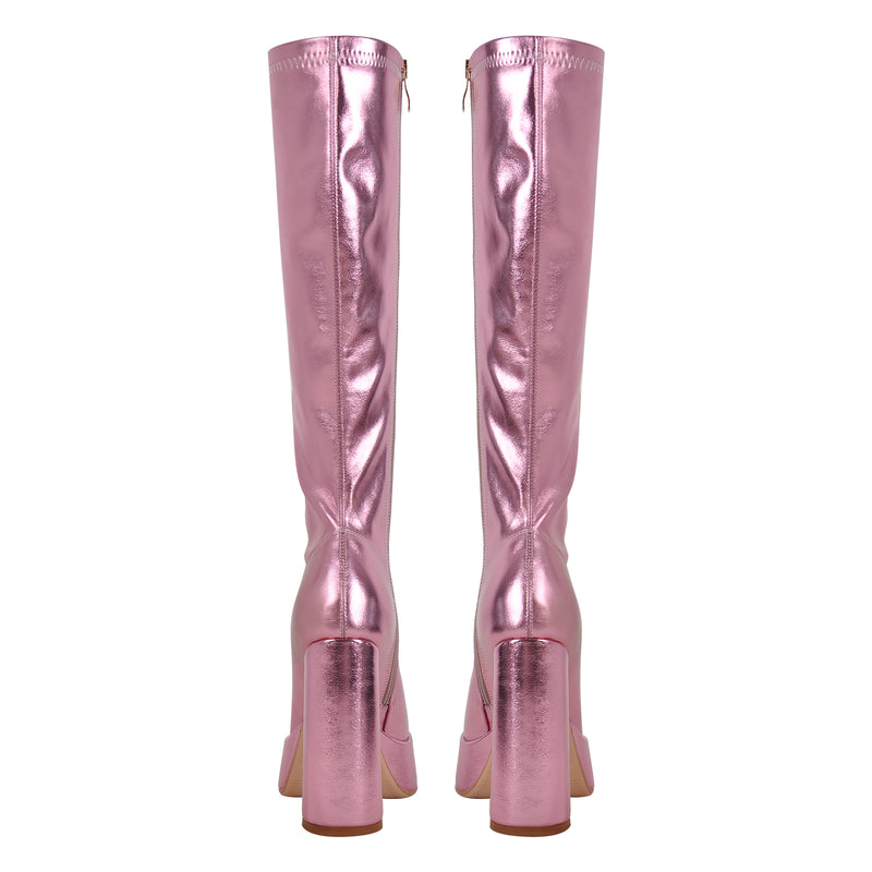 Metallic Leather Platform Chunky Heel Knee High Boots