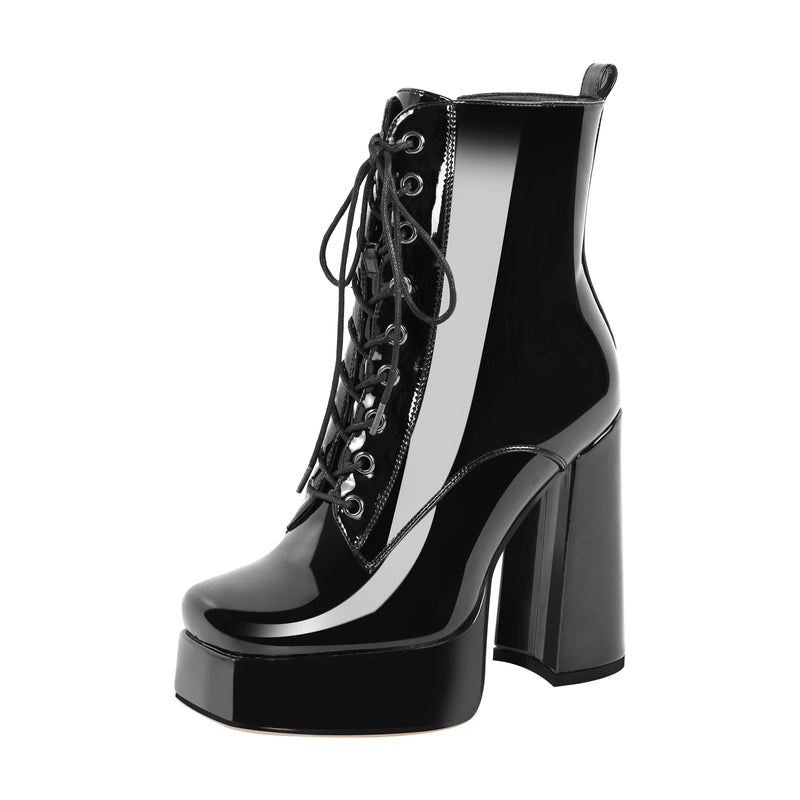 Chunky Heels Platform Lace up Metallic Ankle Boots