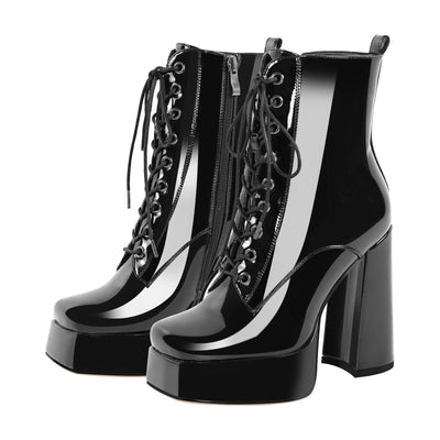 Chunky Heels Platform Lace up Metallic Ankle Boots