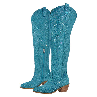 Chunky Heels Rhinestone Over The Knee Boots