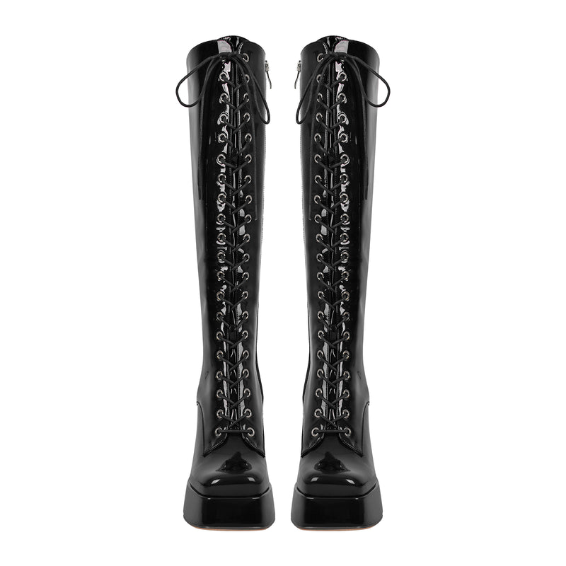 Square Toe Lace up Chunky Heels Boots