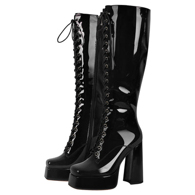 Square Toe Lace up Chunky Heels Boots
