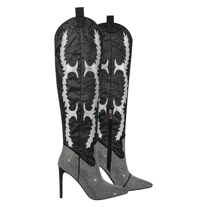 Pointed Toe Stiletto Rhinestone Over The Knee Boots