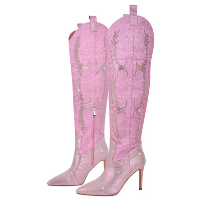 Pointed Toe Stiletto Rhinestone Over The Knee Boots