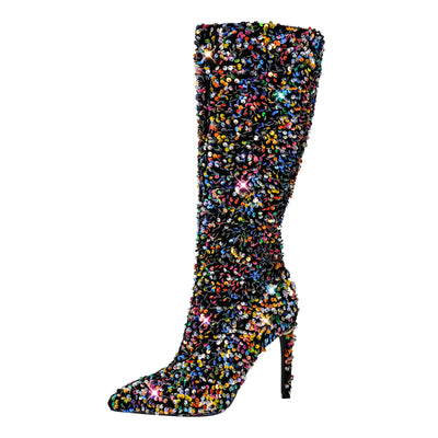 Sequins Pointed Toe Stiletto Knee Boots