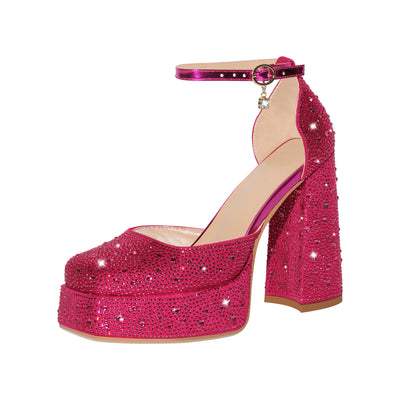 Chunky Heel Platform Rhinestone Ankle Straps Pumps