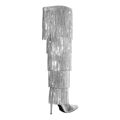 Pointed Toe Stiletto Fringe Metallic Over The Knee Boots