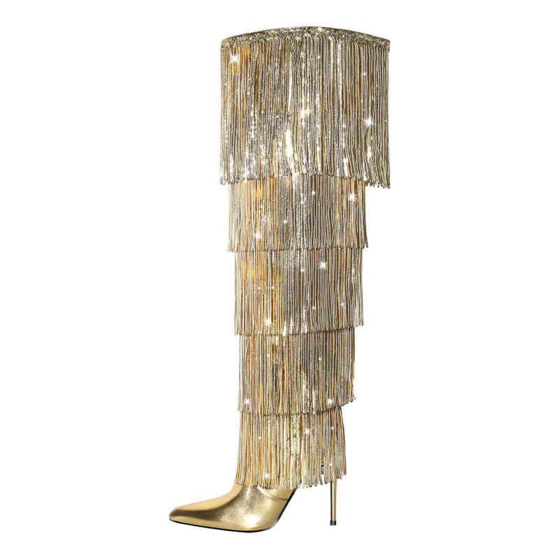 Pointed Toe Stiletto Fringe Metallic Over The Knee Boots