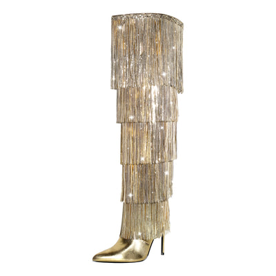 Pointed Toe Stiletto Fringe Metallic Over The Knee Boots