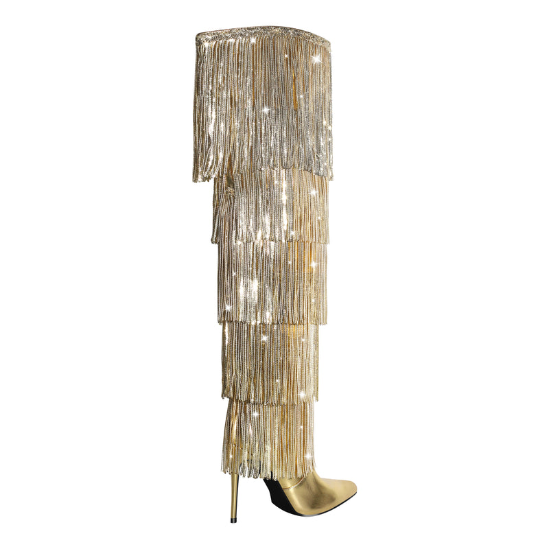 Pointed Toe Stiletto Fringe Metallic Over The Knee Boots