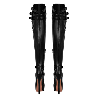 Round Toe Stiletto Platform Over The Knee Buckle Boots