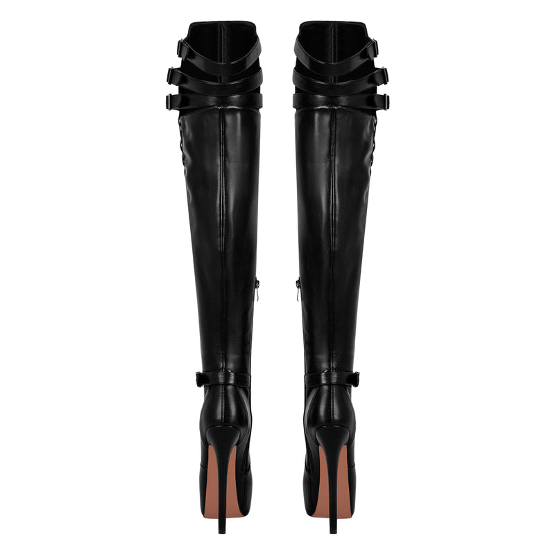 Round Toe Stiletto Platform Over The Knee Buckle Boots