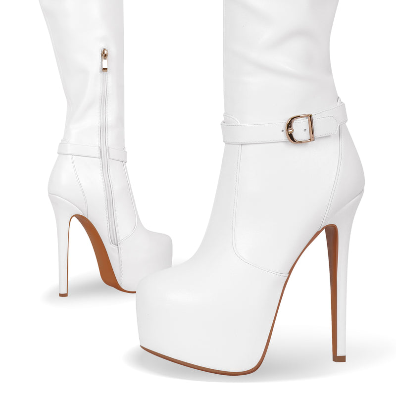 Round Toe Stiletto Platform Over The Knee Buckle Boots