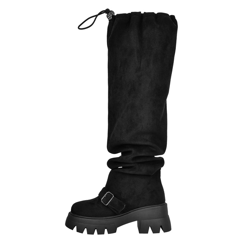 Black Round Toe Chunky Heel Platform Knee Boots