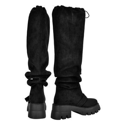 Black Round Toe Chunky Heel Platform Knee Boots