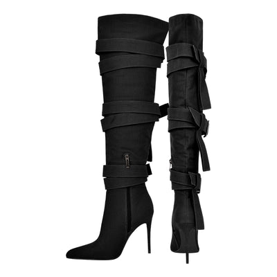 Pointed Toe Stiletto Buckle Strap Knee Boots
