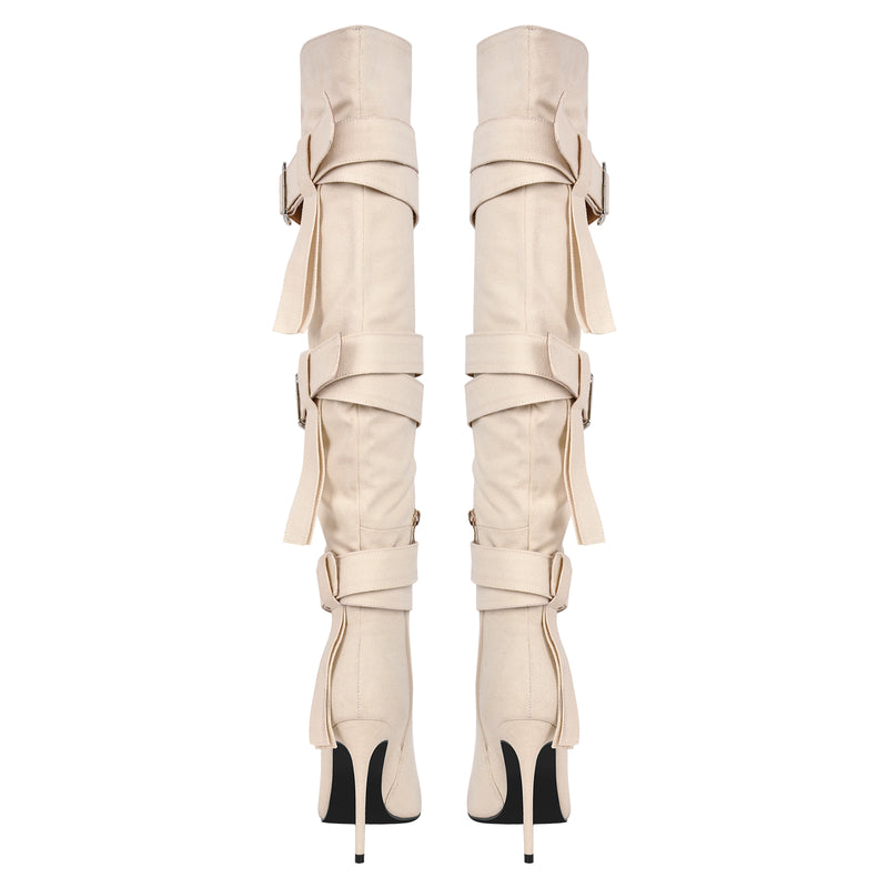 Pointed Toe Buckle Strap Over The Knee Boots