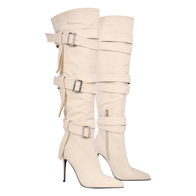 Pointed Toe Buckle Strap Over The Knee Boots