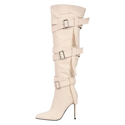 Pointed Toe Stiletto Buckle Strap Knee Boots