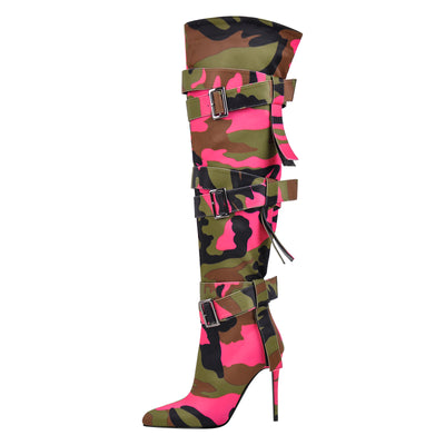 Camouflage Buckle Strap Over The Knee Boots