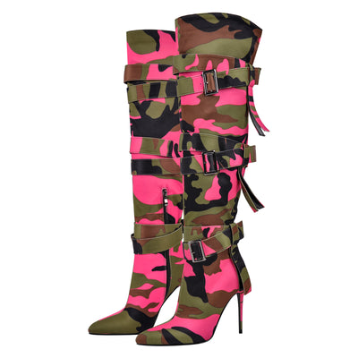 Camouflage Buckle Strap Over The Knee Boots