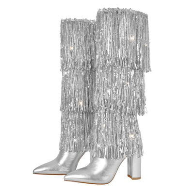 Pointed Toe Chunky Heel Fringe Sequin Boots