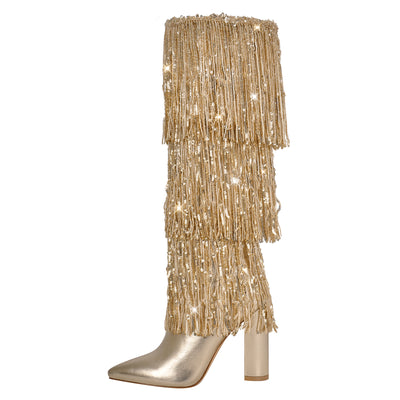Pointed Toe Chunky Heel Fringe Sequin Boots