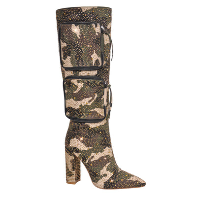 Chunky Heel Rhinestone Camouflage Knee Boots