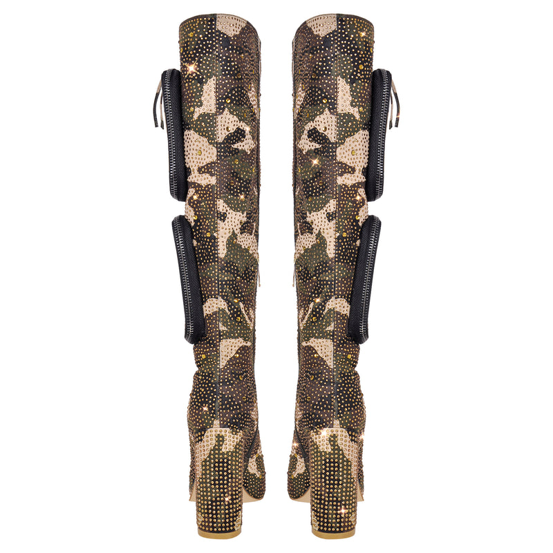 Chunky Heel Rhinestone Camouflage Knee Boots
