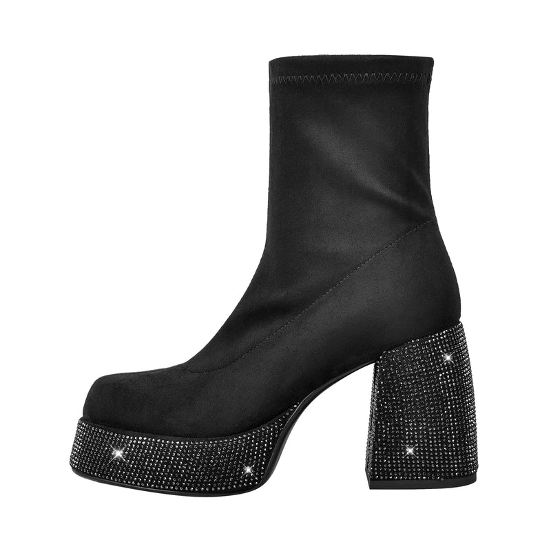 Black Round Toe Chunky Heel Rhinestone Ankle Boots