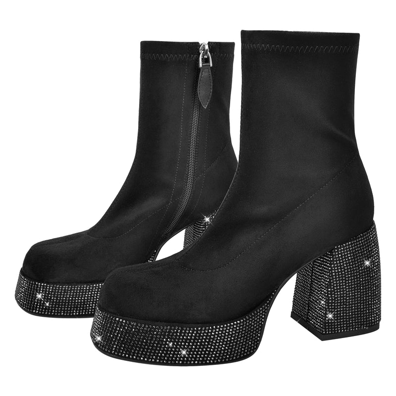 Black Round Toe Chunky Heel Rhinestone Ankle Boots