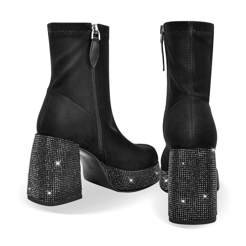 Black Round Toe Chunky Heel Rhinestone Ankle Boots