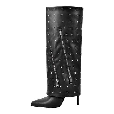 Pointed Toe Stiletto Rivet Fold Over Boots