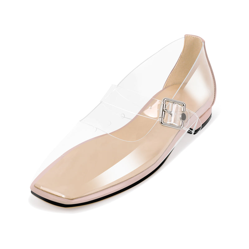 Clear Square Toe Strap Buckle Flats