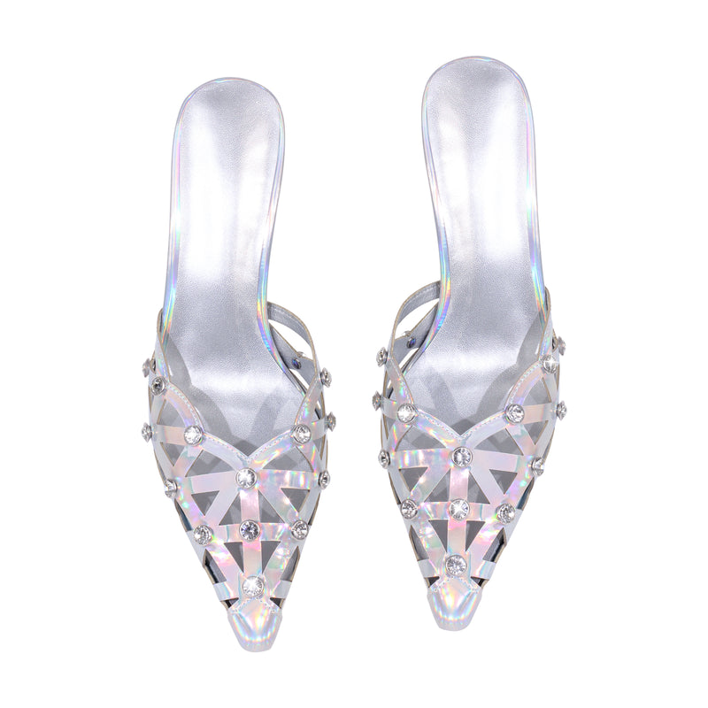 Rhinestone Pointed Toe Hollow Mules Sandals