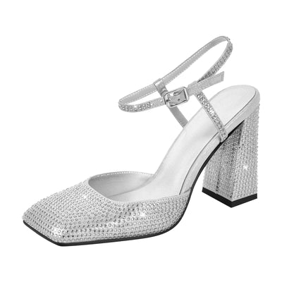 Rhinestone Square Toe Chunky Heel Ankle Strap Pumps